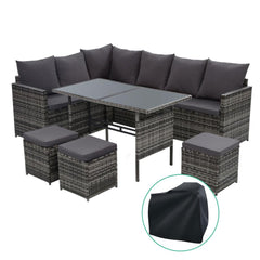 Gardeon Outdoor Dining Set Sofa Lounge Setting Chairs Table Ottoman Grey Cover