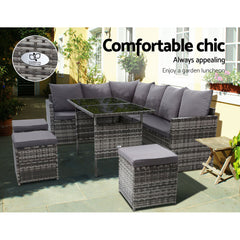 Gardeon Outdoor Dining Set Sofa Lounge Setting Chairs Table Ottoman Grey Cover