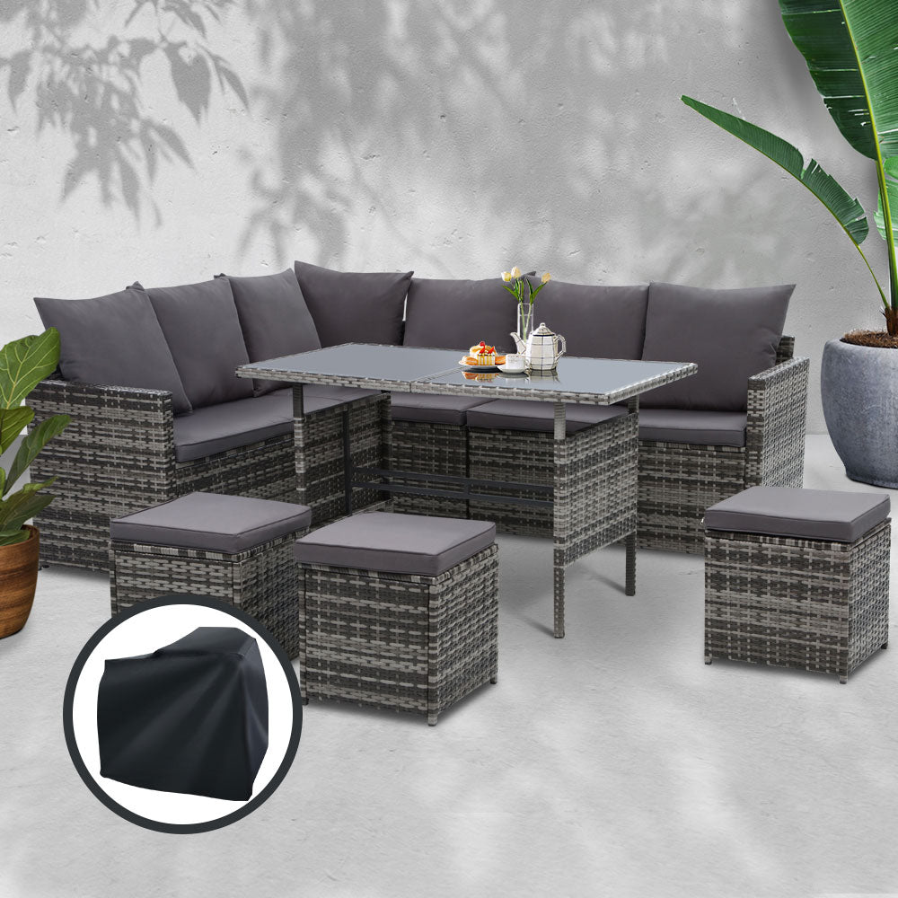 Gardeon Outdoor Dining Set Sofa Lounge Setting Chairs Table Ottoman Grey Cover