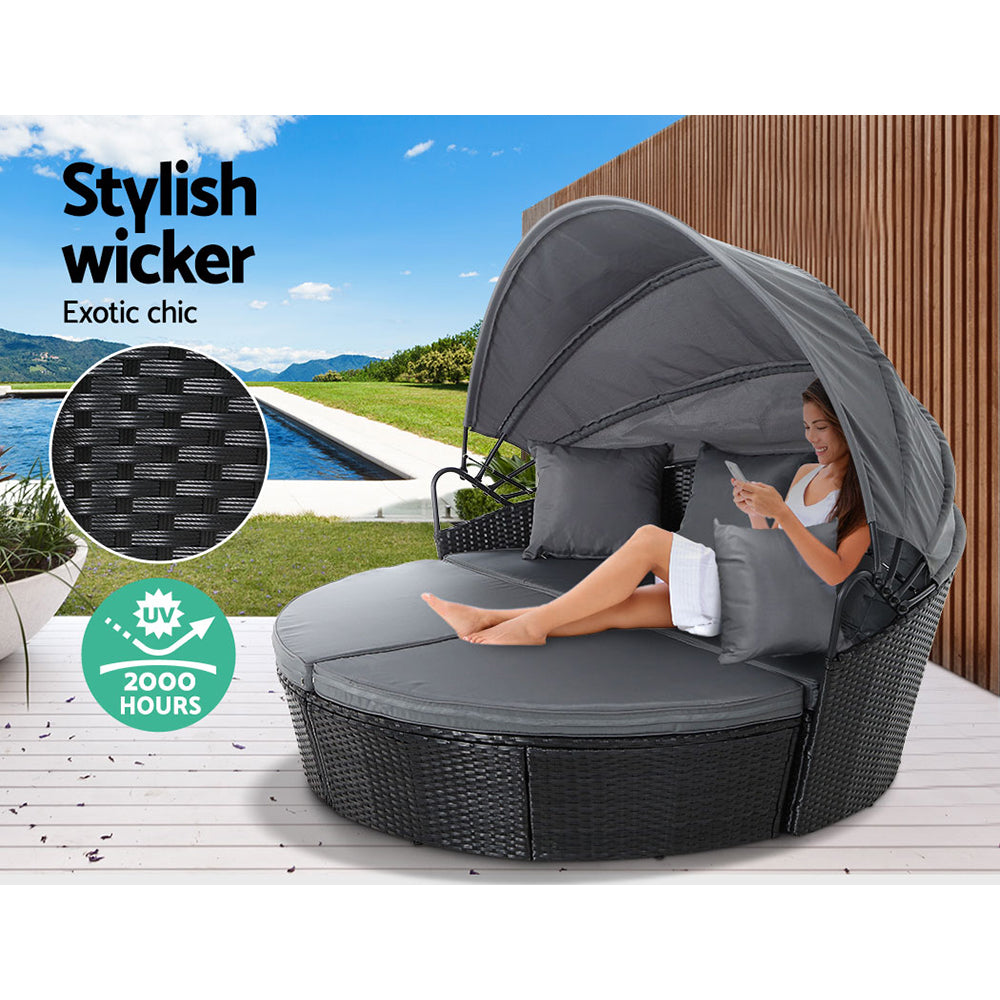 Gardeon Sun Lounge Setting Wicker Lounger Day Bed Outdoor Furniture Patio Black