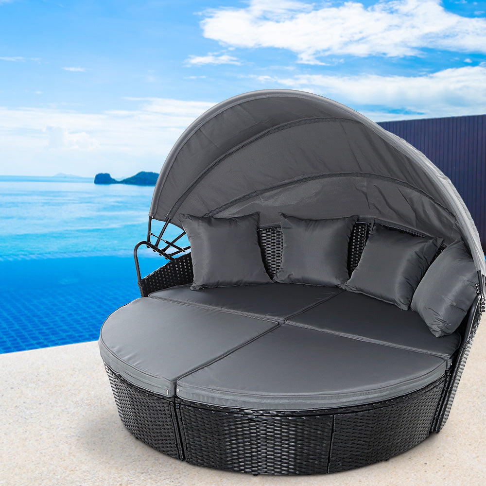 Gardeon Sun Lounge Setting Wicker Lounger Day Bed Outdoor Furniture Patio Black