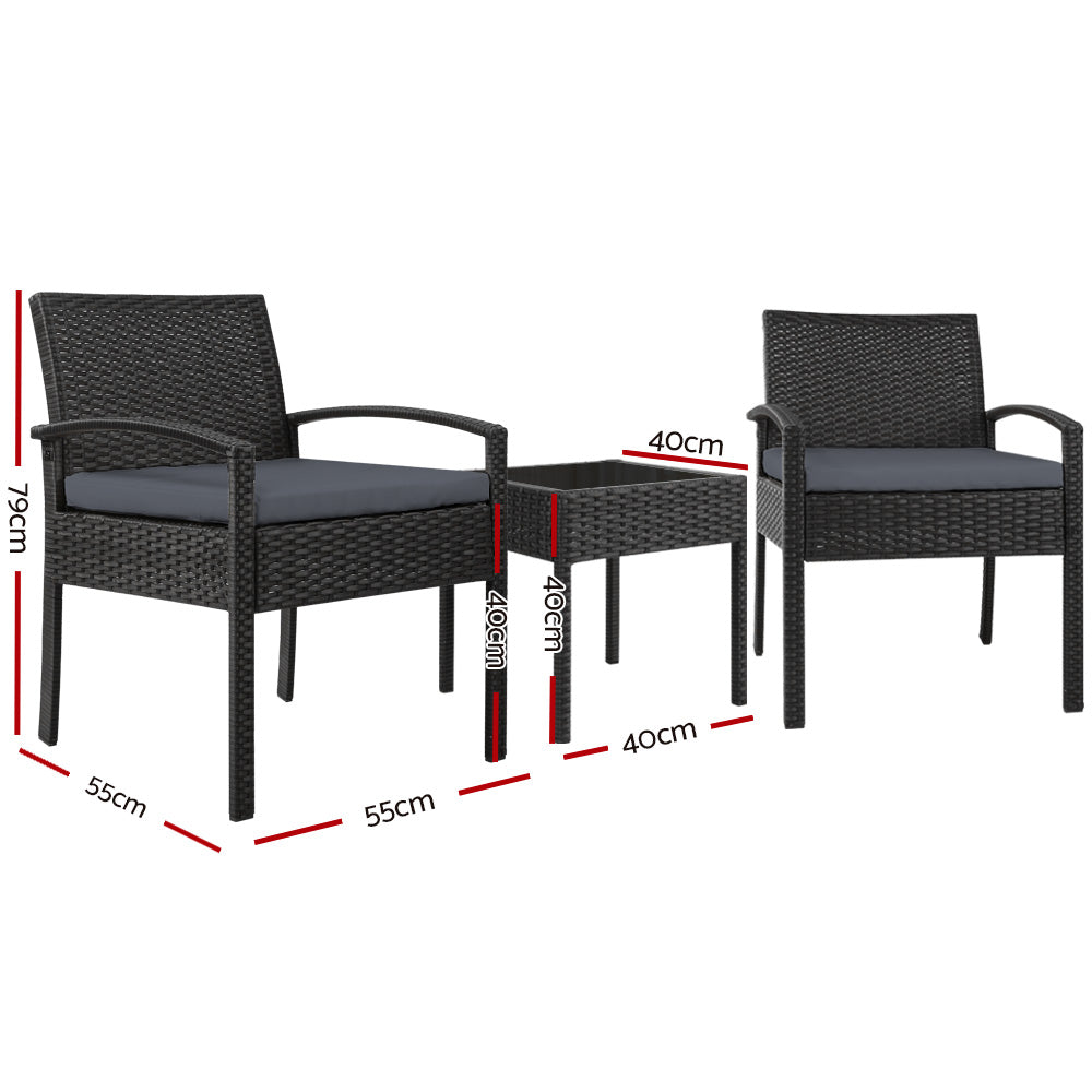 Gardeon 3PC Patio Furniture Bistro Set Wicker Outdoor Lounge Setting Black