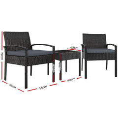 Gardeon 3PC Patio Furniture Bistro Set Wicker Outdoor Lounge Setting Black