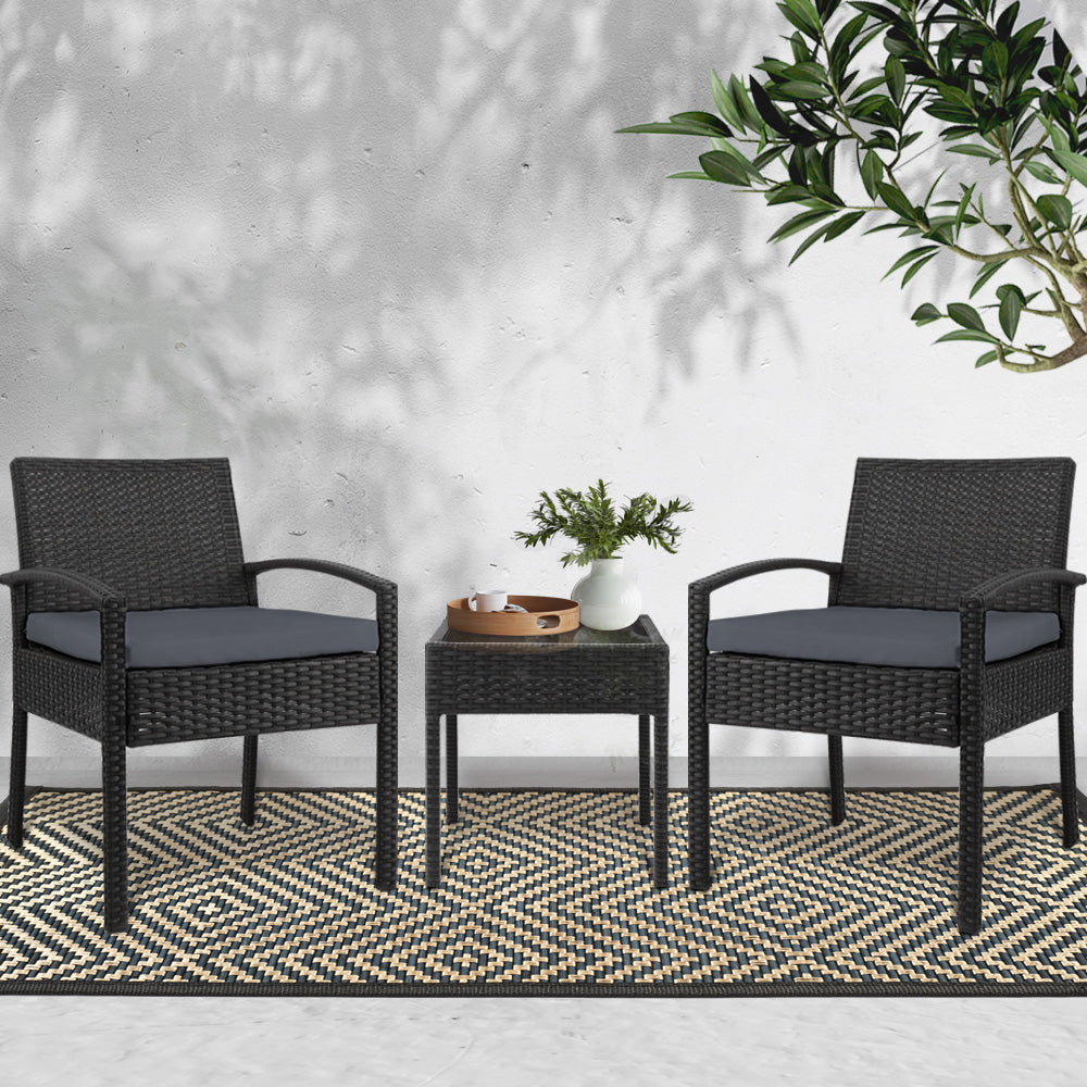 Gardeon 3PC Patio Furniture Bistro Set Wicker Outdoor Lounge Setting Black