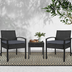 Gardeon 3PC Patio Furniture Bistro Set Wicker Outdoor Lounge Setting Black