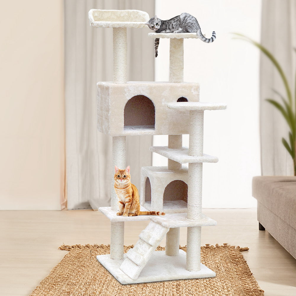 i.Pet Cat Tree 134cm Tower Scratching Post Scratcher Wood Condo House Bed Beige