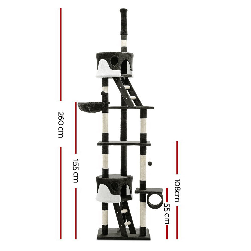 i.Pet Cat Tree 260cm Tower Scratching Post Scratcher Condo House Trees Grey