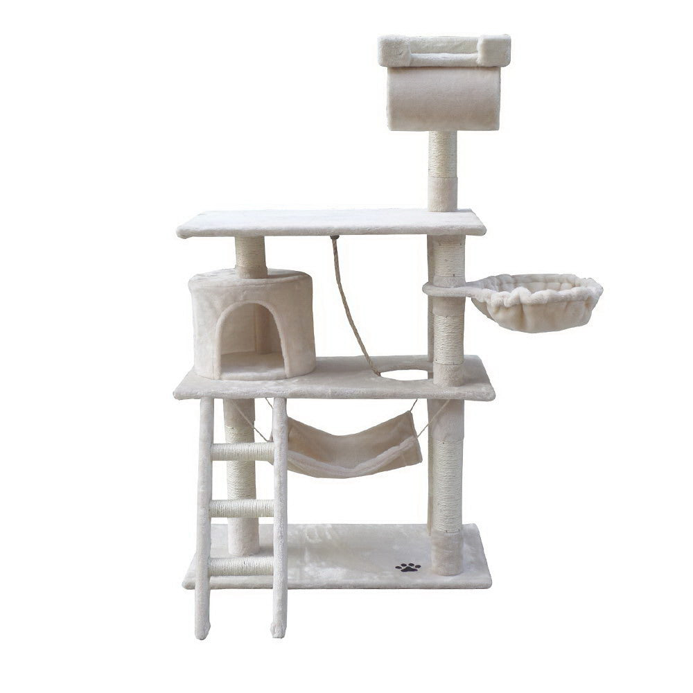 i.Pet Cat Tree 141cm Tower Scratching Post Scratcher Condo Wood House Bed Beige