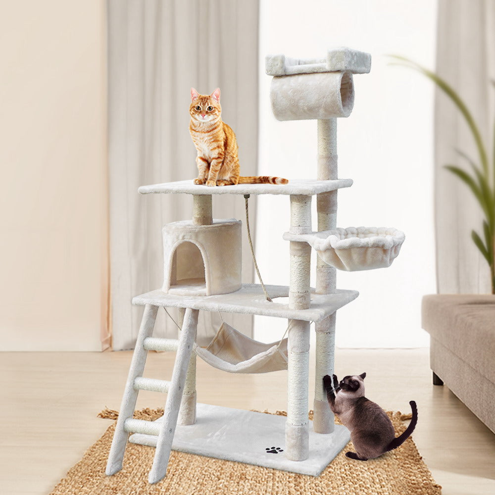 i.Pet Cat Tree 141cm Tower Scratching Post Scratcher Condo Wood House Bed Beige