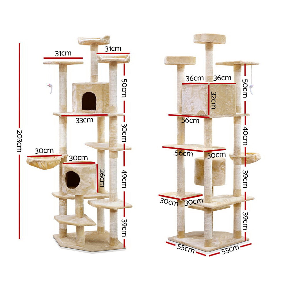 i.Pet Cat Tree 203cm Tower Scratching Post Scratcher Condo Trees House Bed Beige