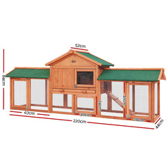 i.Pet Chicken Coop Rabbit Hutch 220cm x 44cm x 84cm Large Chicken Coop Run Wooden Outdoor Cage House