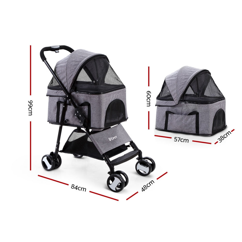 i.Pet Pet Stroller Dog Pram Cat Carrier Travel Large Pushchair Foldable 4 Wheels Grey