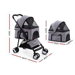 i.Pet Pet Stroller Dog Pram Cat Carrier Travel Large Pushchair Foldable 4 Wheels Grey