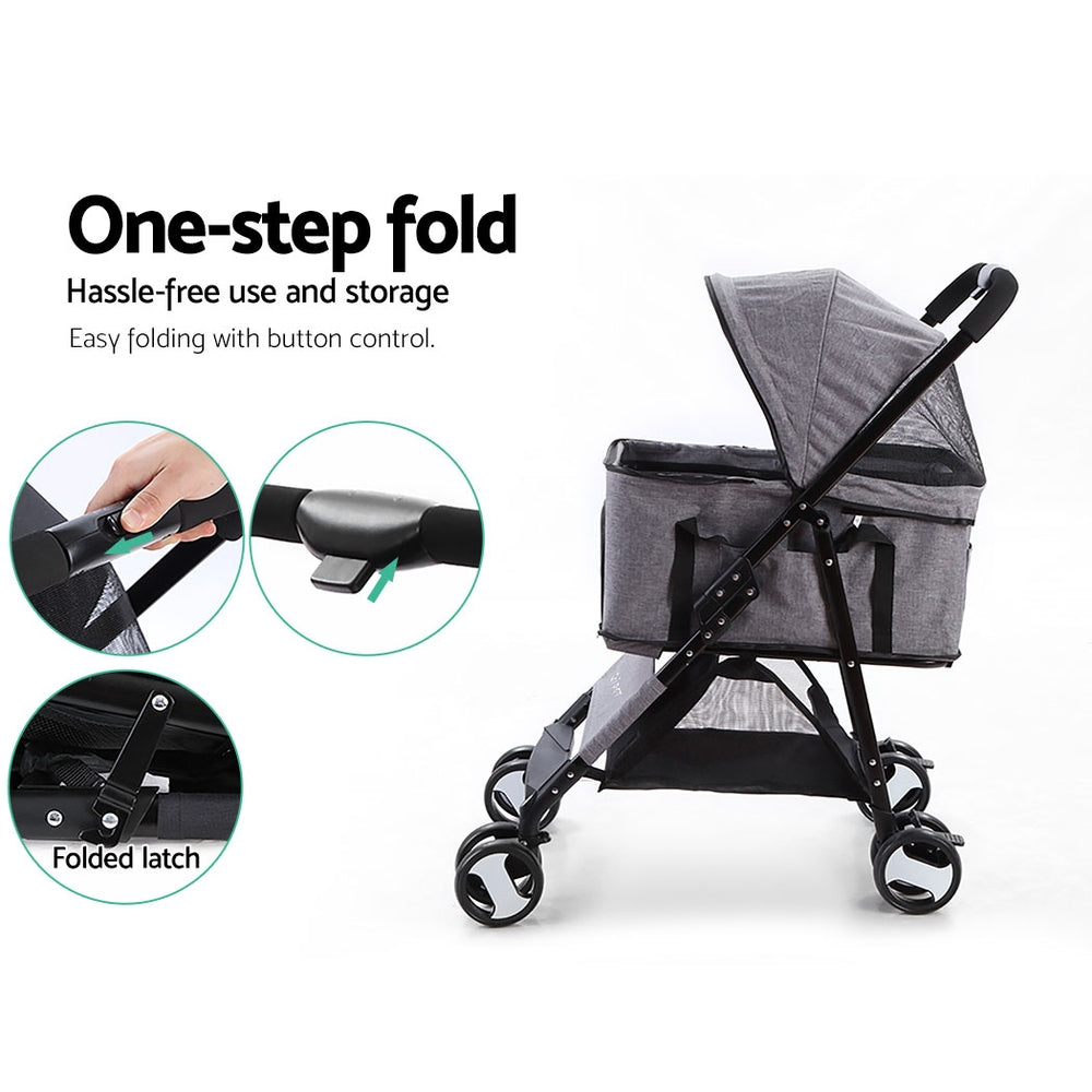i.Pet Pet Stroller Dog Pram Cat Carrier Travel Large Pushchair Foldable 4 Wheels Grey