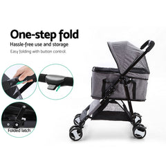 i.Pet Pet Stroller Dog Pram Cat Carrier Travel Large Pushchair Foldable 4 Wheels Grey