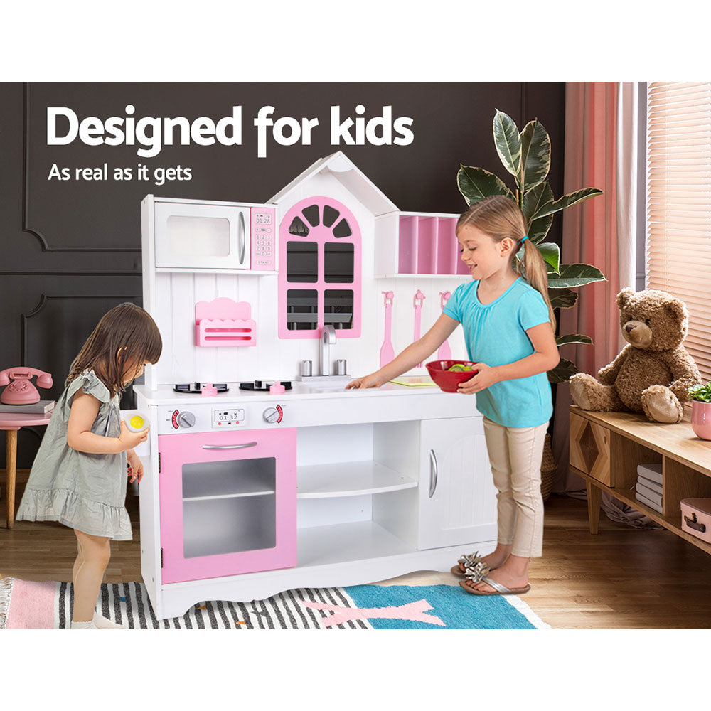 Keezi Kids Kitchen Play Set Wooden Pretend Toys Cooking Children Storage Cabinet
