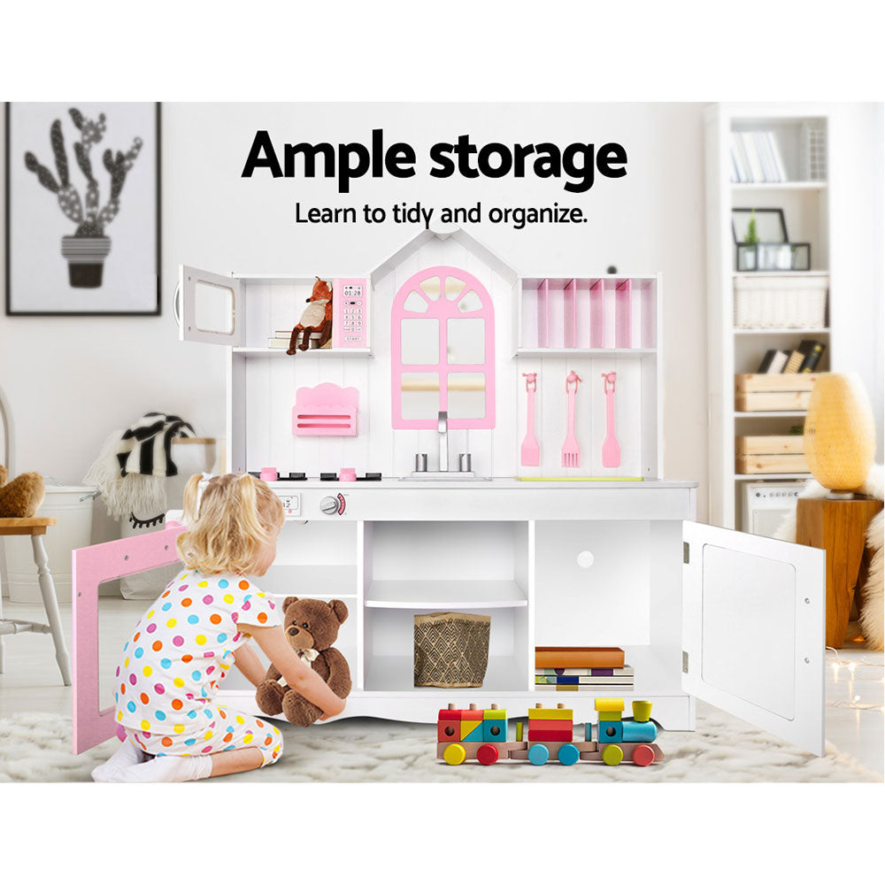 Keezi Kids Kitchen Play Set Wooden Pretend Toys Cooking Children Storage Cabinet