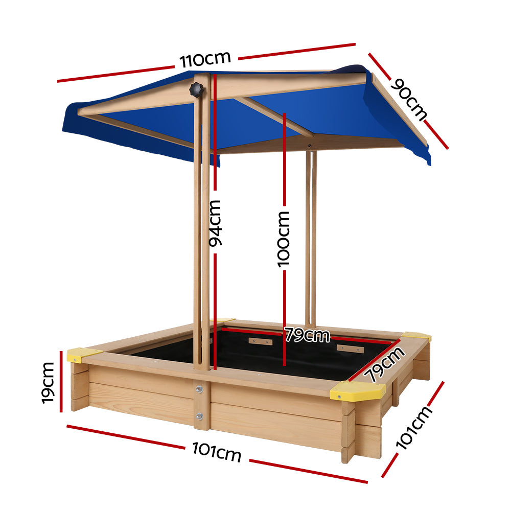 Keezi Kids Sandpit Wooden Sandbox Sand Pit with Canopy Bench Seat Toys 101cm