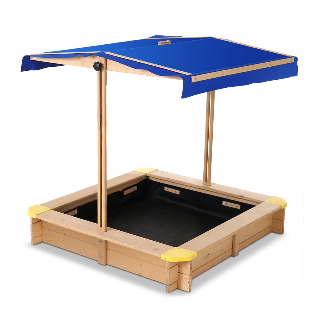 Keezi Kids Sandpit Wooden Sandbox Sand Pit with Canopy Bench Seat Toys 101cm