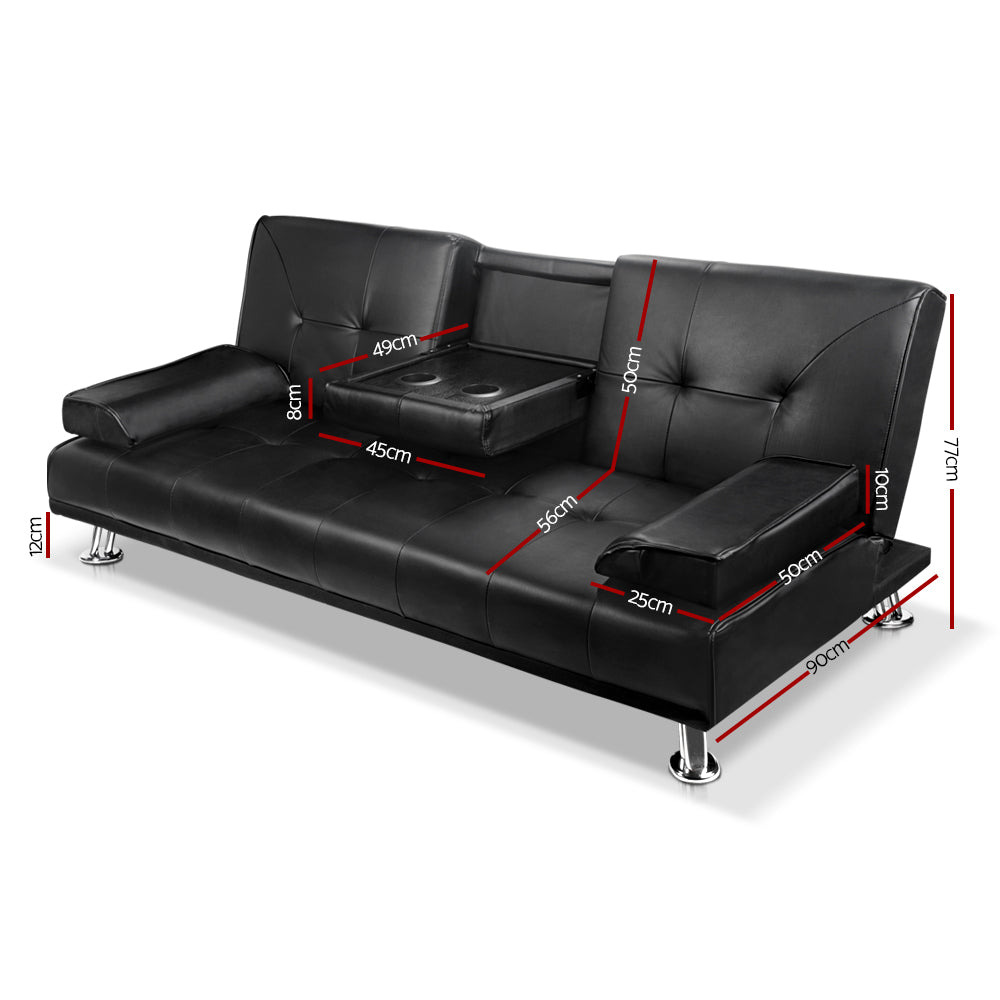 Artiss Sofa Bed Lounge Convertible Leather Couch Bed 3 Seater Cupholder Recliner