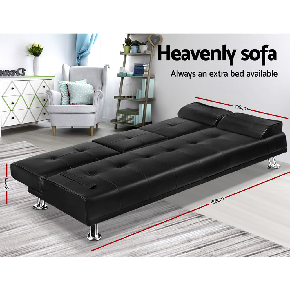 Artiss Sofa Bed Lounge Convertible Leather Couch Bed 3 Seater Cupholder Recliner