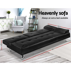 Artiss Sofa Bed Lounge Convertible Leather Couch Bed 3 Seater Cupholder Recliner