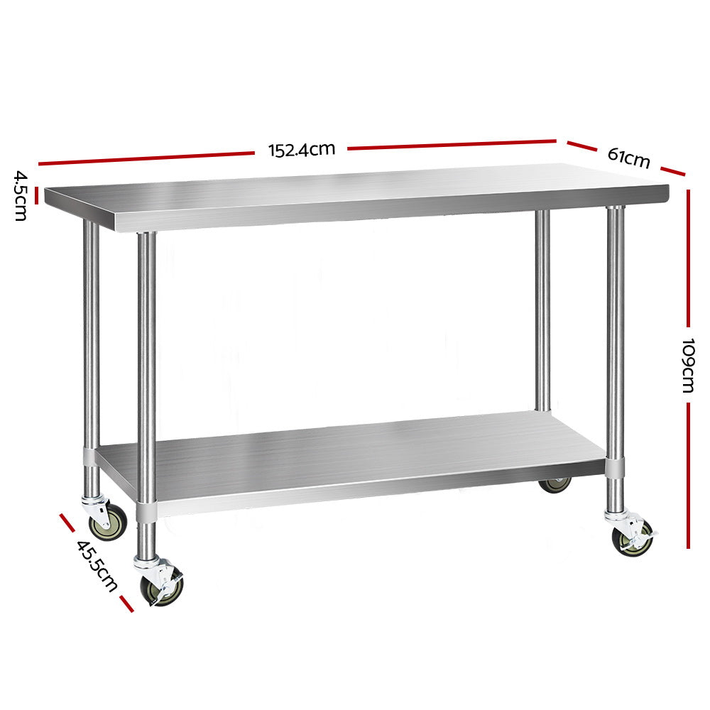 Cefito 1524x610mm Stainless Steel Kitchen Bench with Wheels 430