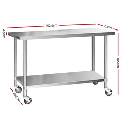 Cefito 1524x610mm Stainless Steel Kitchen Bench with Wheels 430