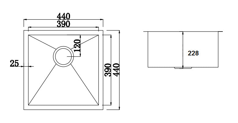 440x440mm Handmade Stainless Steel Undermount / Topmount Kitchen Laundry Sink with Waste