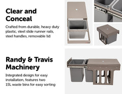 Set of 2 15L Pull Out Trash Bin Dual Kitchen Garbage Waste Basket Cabinet Bin