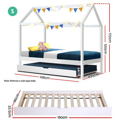 Artiss Bed Frame Wooden Trundle Daybed Kids House Frame White HOLY