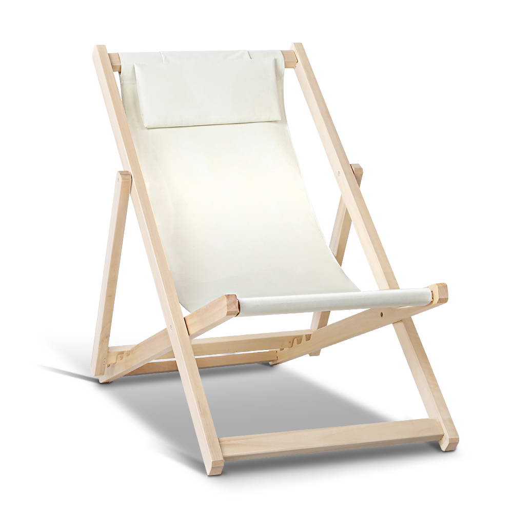 Gardeon Outdoor Deck Chair Wooden Sun Lounge Folding Beach Patio Furniture Beige