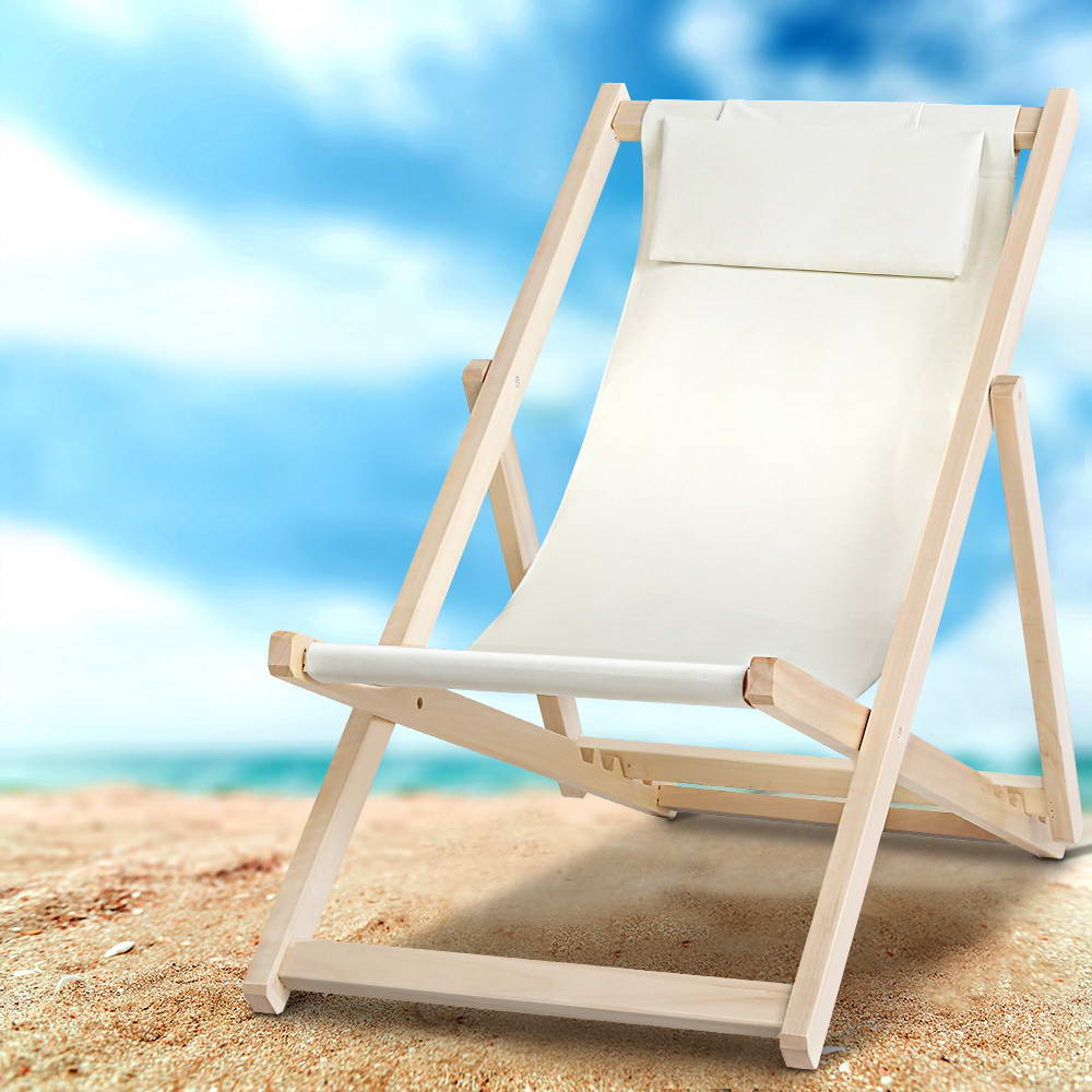 Gardeon Outdoor Deck Chair Wooden Sun Lounge Folding Beach Patio Furniture Beige