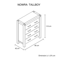 Tallboy with 4 Storage Drawers Solid Wooden Assembled in Oak Colour