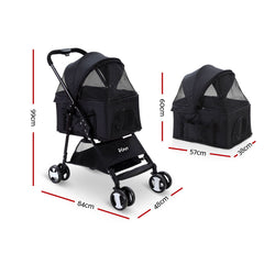 i.Pet Pet Stroller Dog Pram Cat Carrier Travel Large Pushchair Foldable 4 Wheels Black