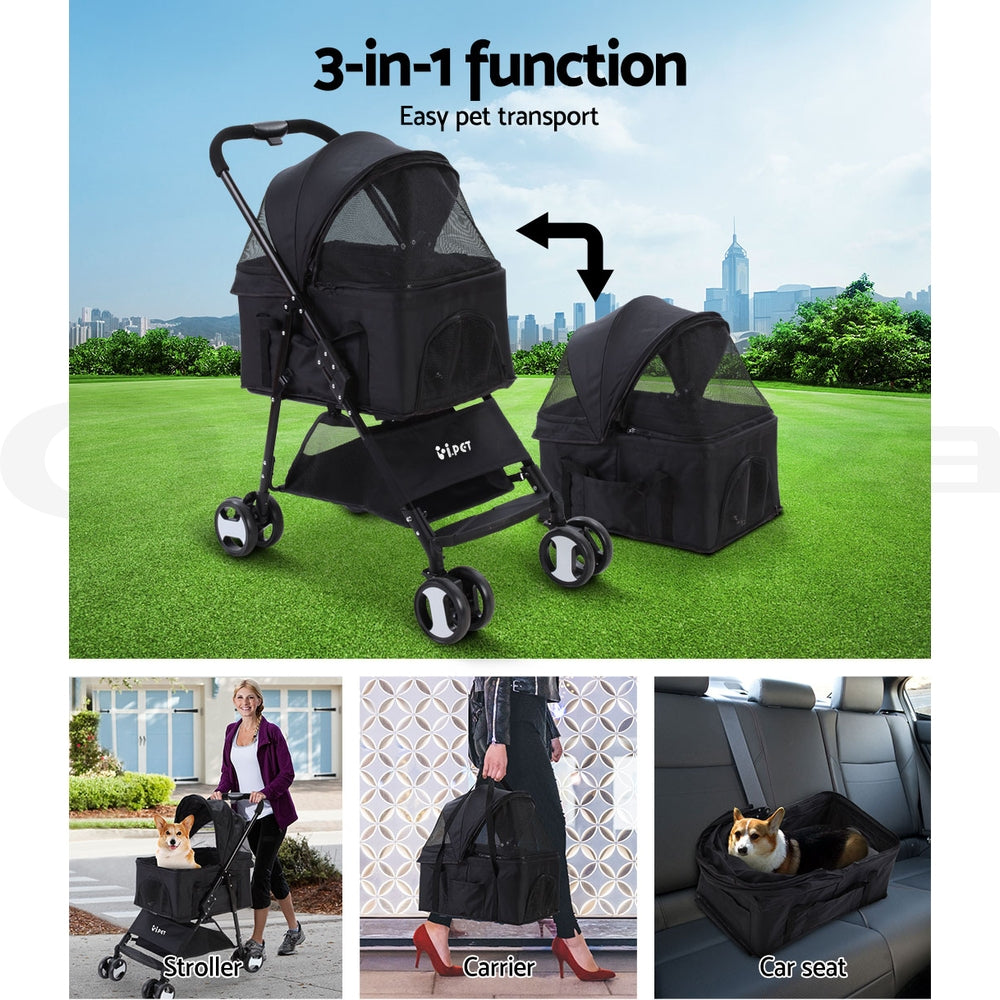i.Pet Pet Stroller Dog Pram Cat Carrier Travel Large Pushchair Foldable 4 Wheels Black