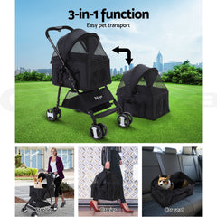 i.Pet Pet Stroller Dog Pram Cat Carrier Travel Large Pushchair Foldable 4 Wheels Black