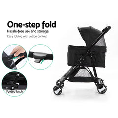 i.Pet Pet Stroller Dog Pram Cat Carrier Travel Large Pushchair Foldable 4 Wheels Black
