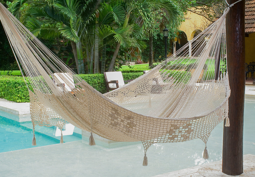 Outdoor undercover cotton Mayan Legacy hammock with hand crocheted tassels Queen Size Marble Colour